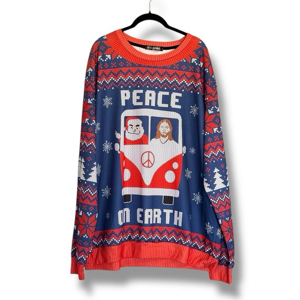 Gearhumans Men’s Custom Ugly Christmas Sweater Peace On Earth Large Blue Orange